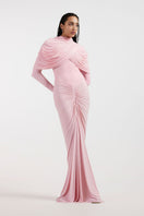 Deme By Gabriella NOA draped pink gown with elegant fabric and flowing design, perfect for formal occasions.
