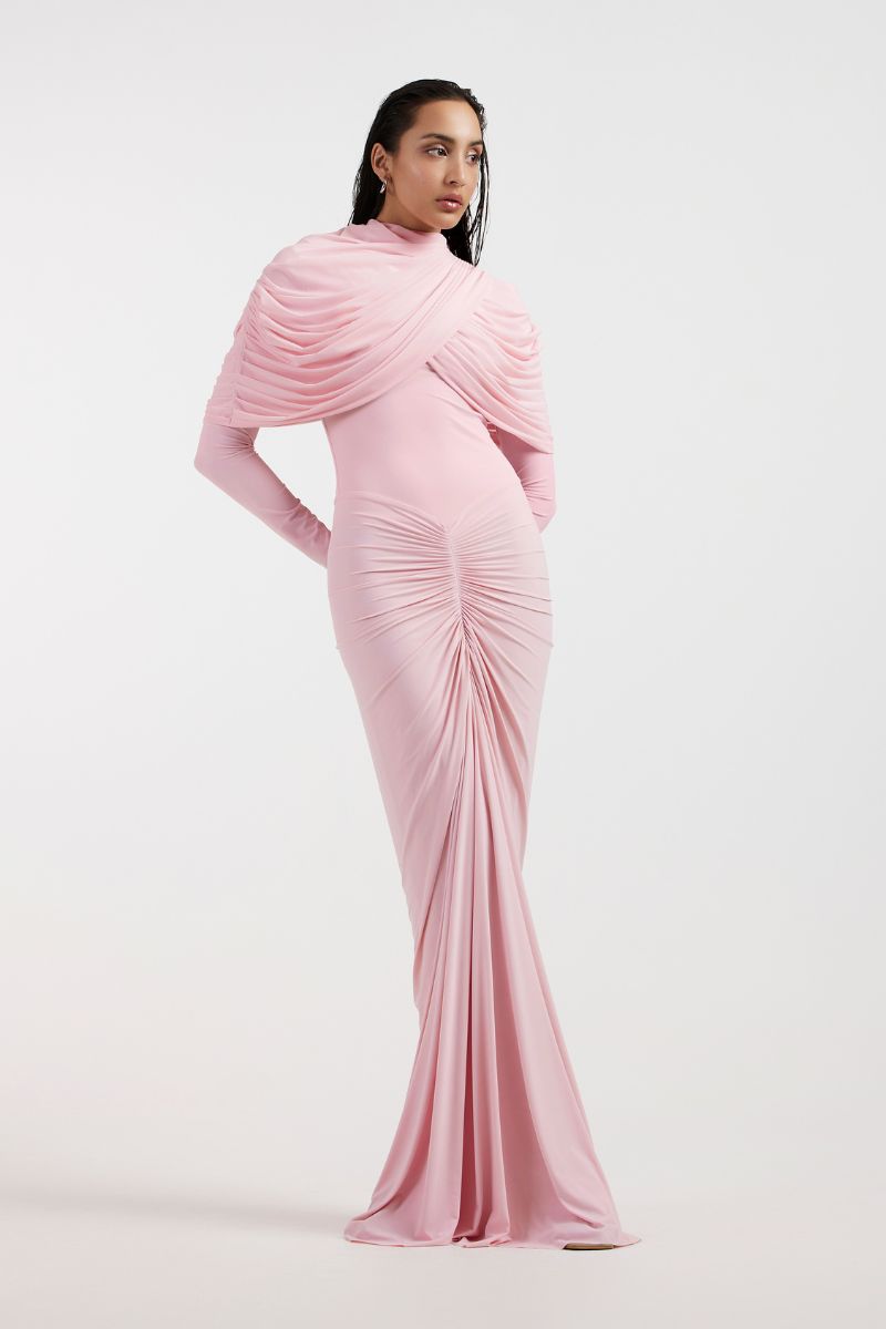 Deme By Gabriella NOA draped pink gown with elegant fabric and flowing design, perfect for formal occasions.