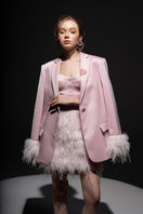 Baby pink Kiera taffeta feather blazer set by 21Six, featuring a stylish feather-embellished blazer and matching co-ord pants.