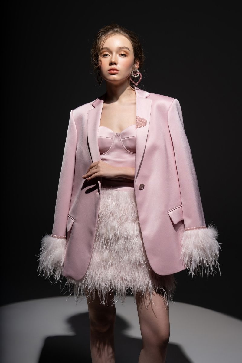 Baby pink Kiera taffeta feather blazer set by 21Six, featuring a stylish feather-embellished blazer and matching co-ord pants.