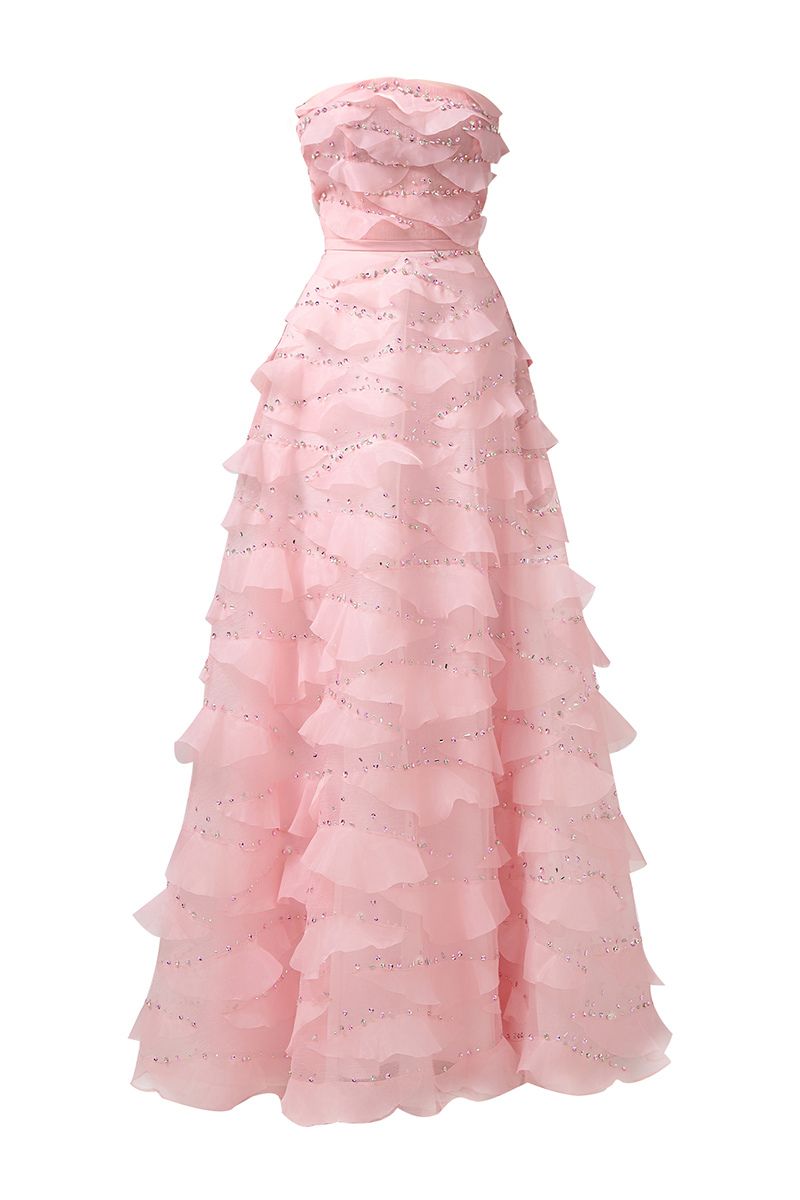 Light pink strapless gown by Happy Clothing featuring a flowing design and elegant fit, showcased on a model.