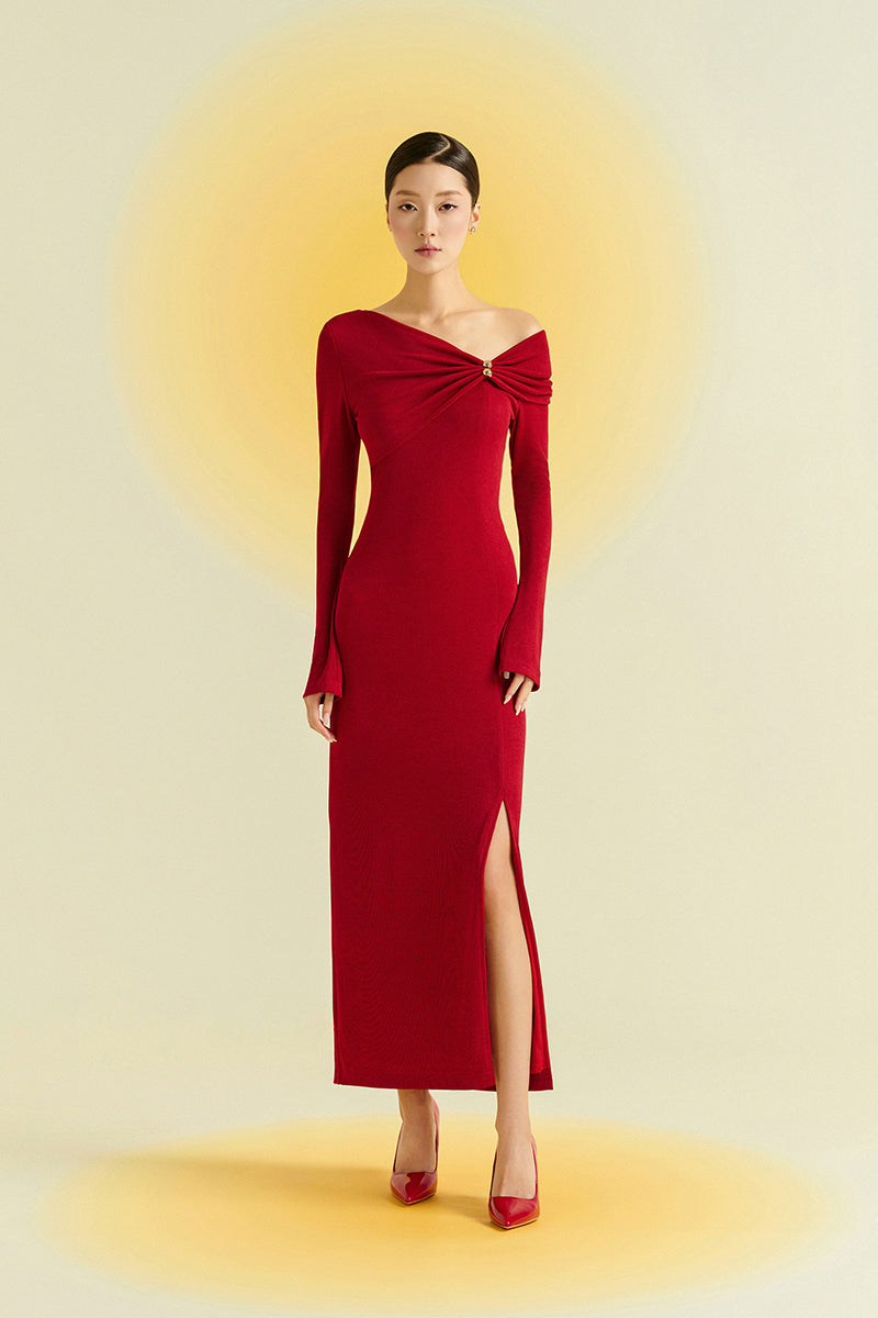 Red Twinkle Knit Maxi Dress by EEGEN STUDIO, featuring a flowing knit fabric and elegant maxi length.