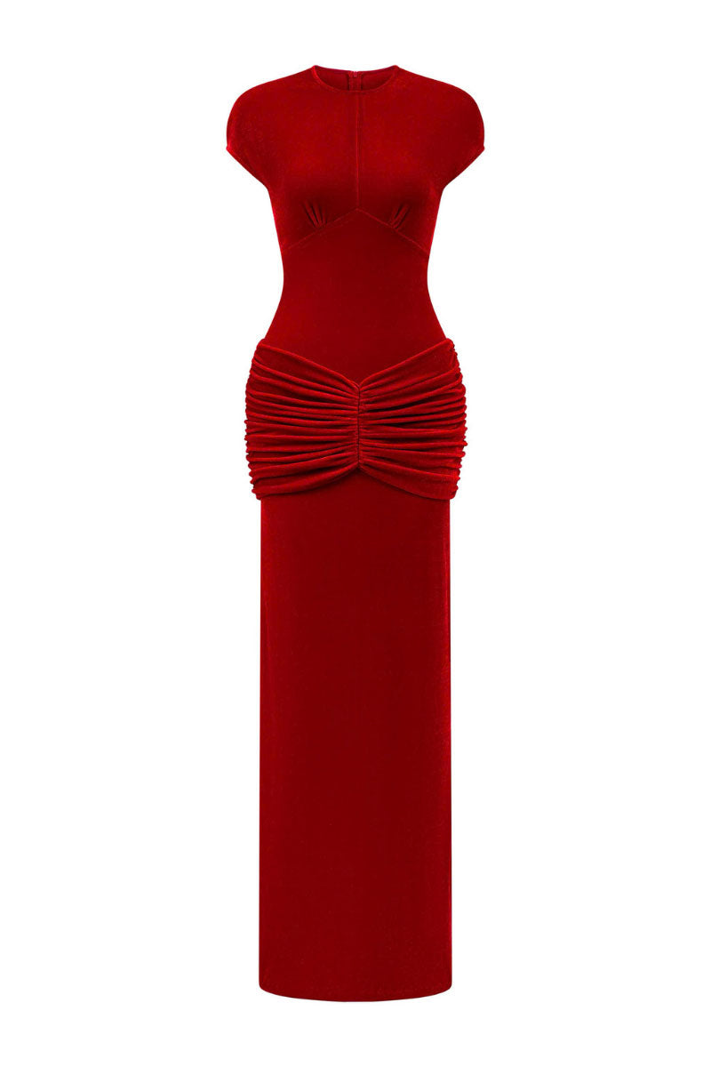 Elegant velvet gown by Arti Apparel featuring a flowing silhouette and rich fabric, perfect for formal occasions.