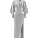 Gray sculptural maxi dress by White Plan, flowing design with elegant draping, perfect for casual or formal occasions.