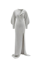 Gray sculptural maxi dress by White Plan, flowing design with elegant draping, perfect for casual or formal occasions.