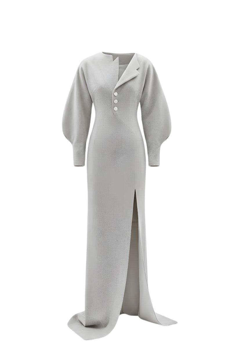Gray sculptural maxi dress by White Plan, flowing design with elegant draping, perfect for casual or formal occasions.