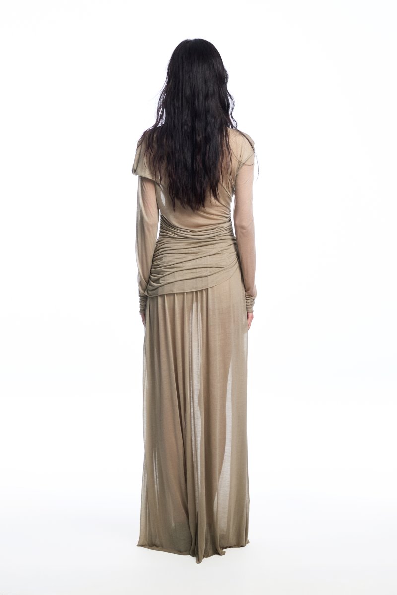 Chictopia draped jersey maxi dress in soft fabric with flowing silhouette and elegant drape, perfect for casual or formal wear.