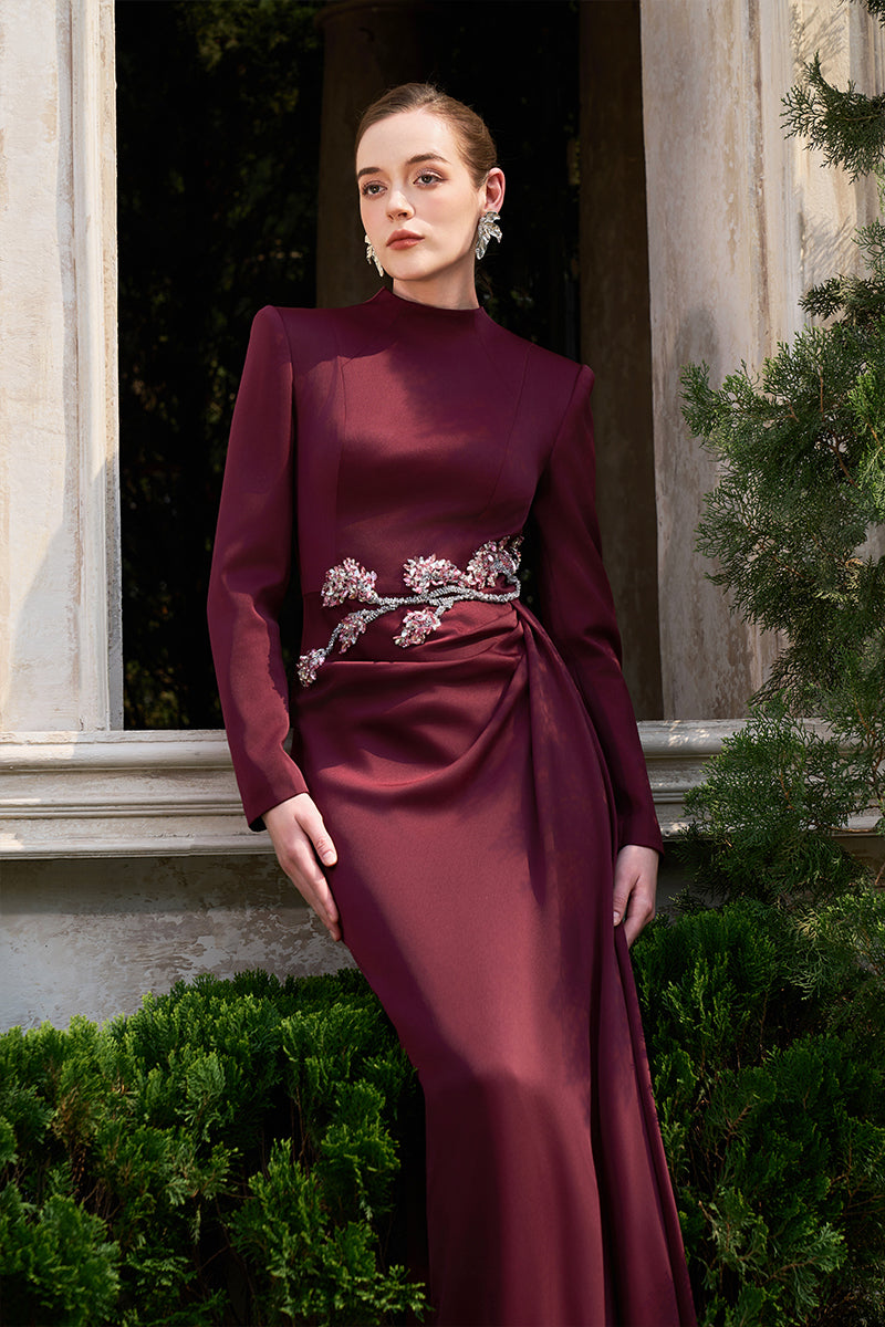 burgundy satin dress long sleeve Long Sleeve Satin Wrap Dress