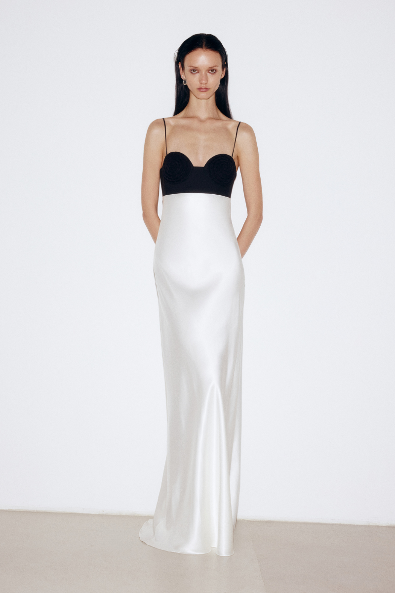 IVORY SILK MAXI DRESS WITH BLACK TOP | CULT MIA | ELENAREVA IVORY SILK MAXI DRESS WITH BLACK TOP | CULT MIA | ELENAREVA