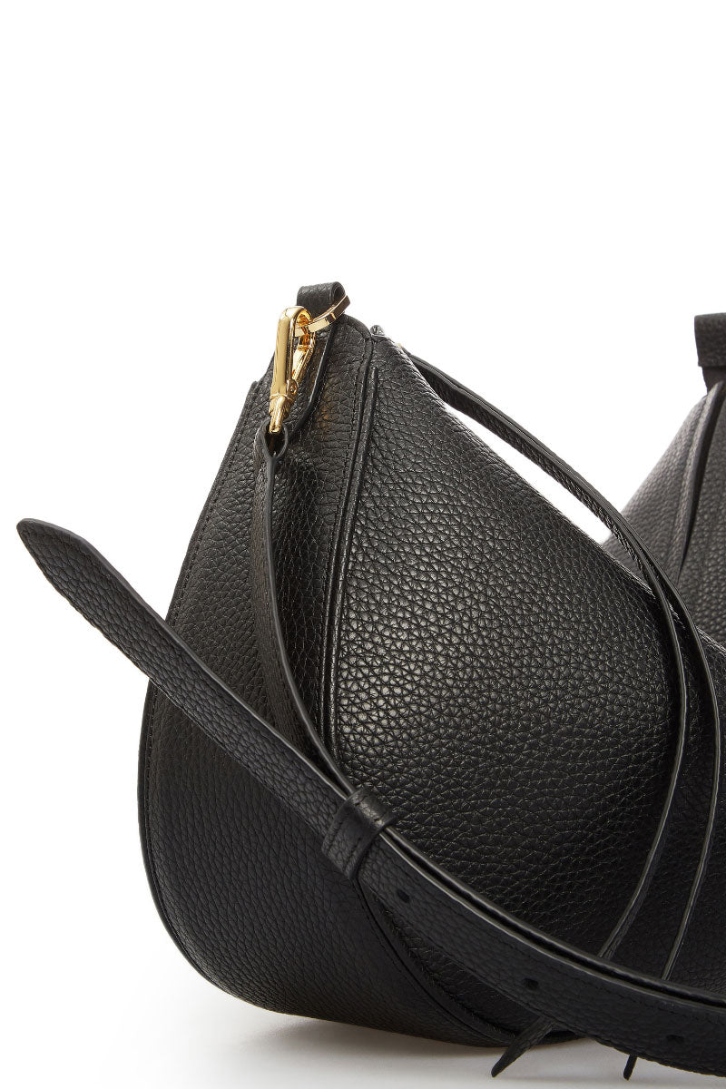 Vikele Studio Denise shoulder bag in black with sleek leather design and minimalist style, shown from a front view.