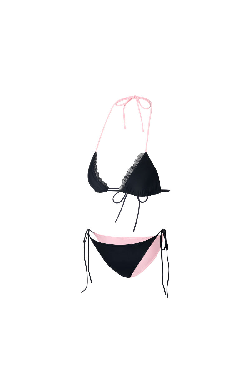 Reversible pink and black bikini set by Suncillo with triangle top and matching bottoms, displayed on a white background.