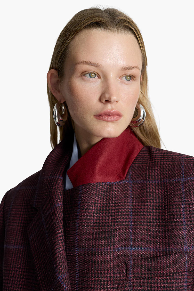 Acaria Studio GURU crop blazer in burgundy silk blend with blue check pattern, featuring tailored lapels and a sleek fit.