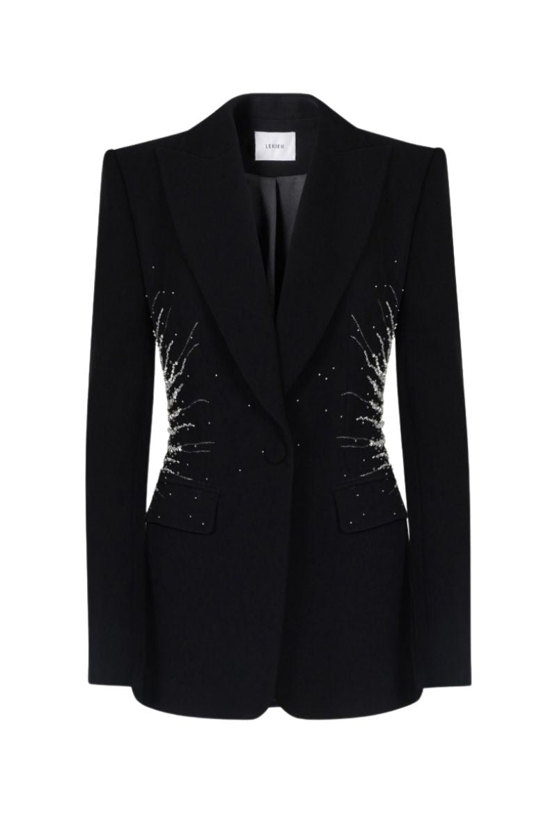 LEKIEU Cienne black blazer jacket with tailored fit, featuring classic lapels and sleek design, displayed on a plain background.