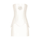 Ivory satin corset mini dress by Monika Dimova featuring a fitted bodice and stylish mini length for elegant evening wear.