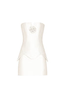 Ivory satin corset mini dress by Monika Dimova featuring a fitted bodice and stylish mini length for elegant evening wear.
