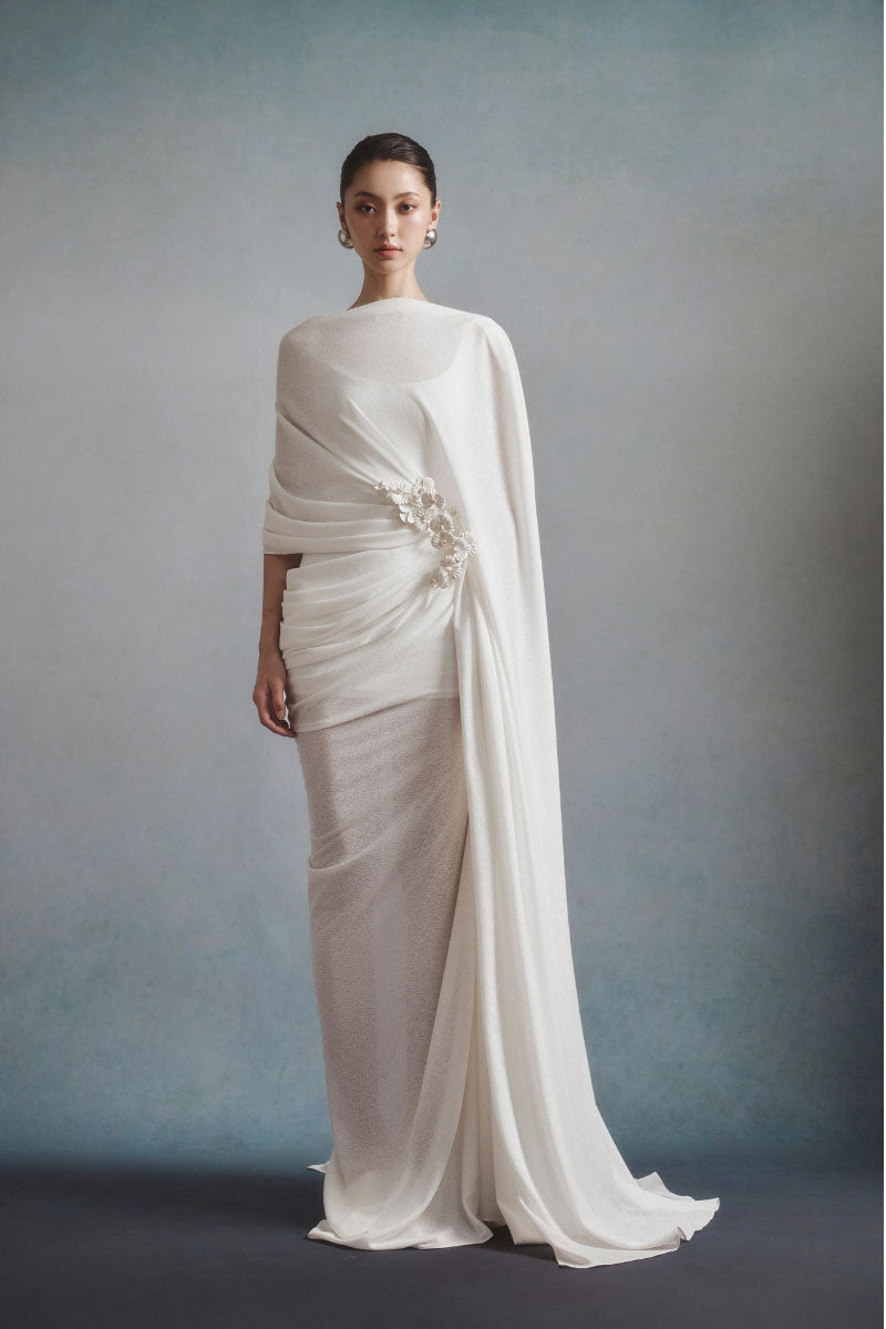 White Plan Ethereal Drape Gown with flowing fabric and elegant design, perfect for formal occasions.
