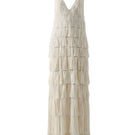 Beige deep V-neck tiered pleated maxi dress by DOC BAN, flowing fabric with layered design, perfect for elegant summer wear.
