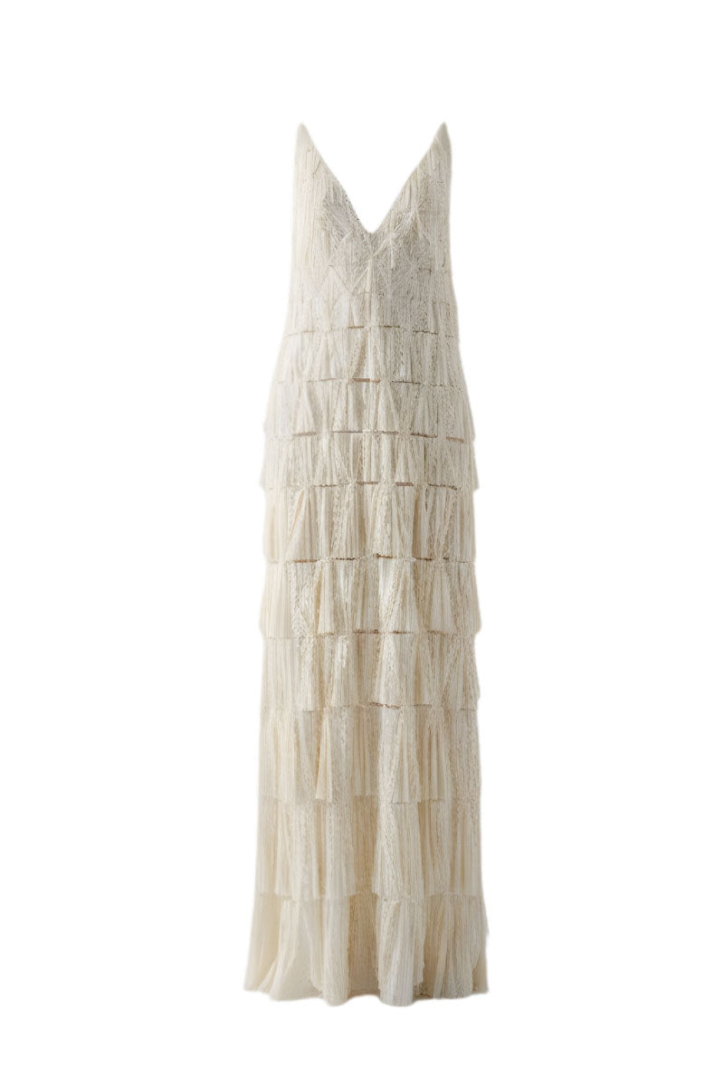 Beige deep V-neck tiered pleated maxi dress by DOC BAN, flowing fabric with layered design and elegant length.