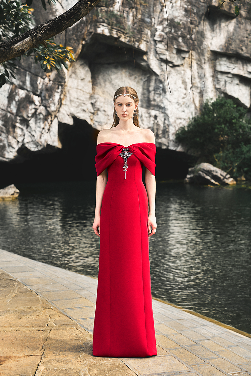 RED GATHERED OFF-SHOULDER GOWN - CULT MIA