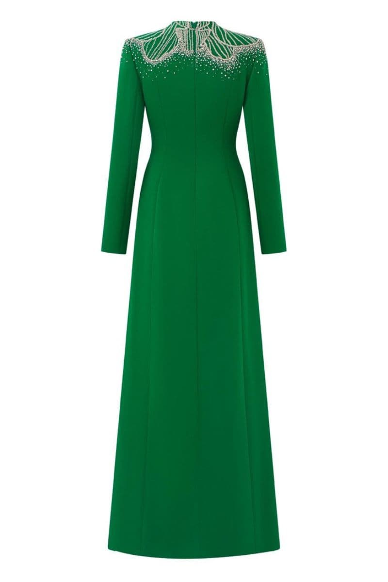 GREEN ROUND CRYSTAL EMBELLISHED GOWN - CULT MIA