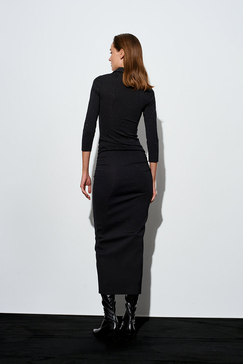 Black Acaria Studio scuba dress with rhinestones, elegant maxi dress featuring shimmering embellishments and a fitted silhouette.