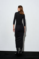 Black Acaria Studio scuba dress with rhinestones, elegant maxi dress featuring shimmering embellishments and a fitted silhouette.