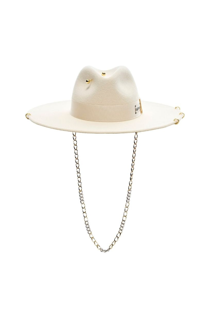 Ecru gold London hat with 24K gold-plated accessories by LE SH KA, featuring a stylish wide-brim design and elegant details.