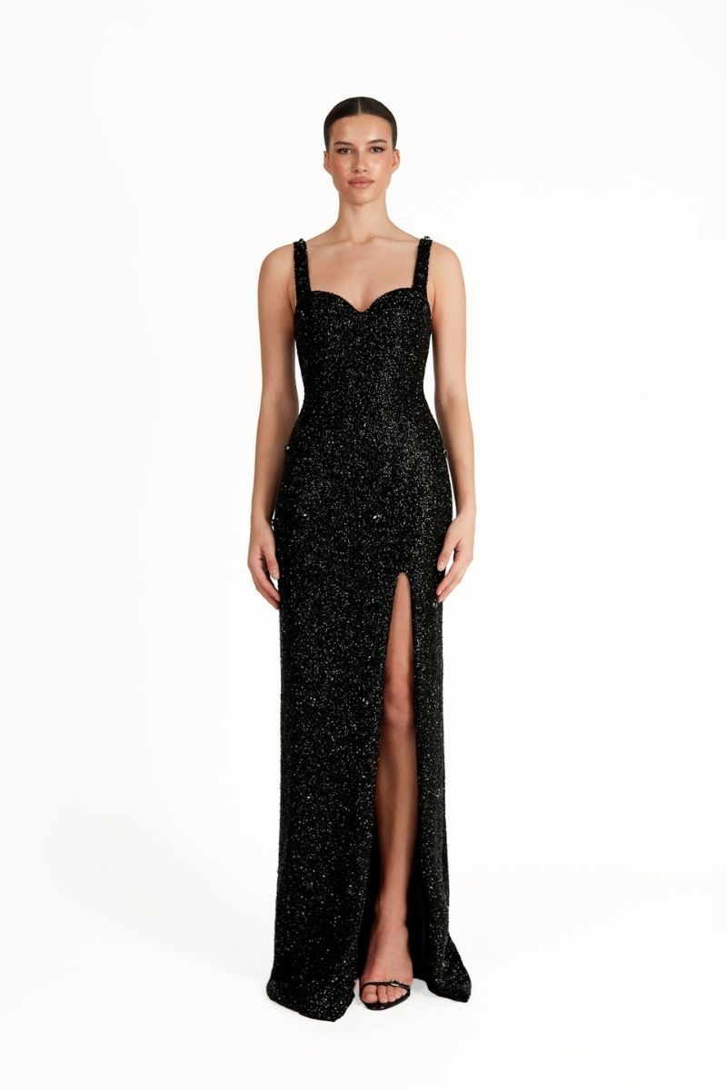 Kroon black maxi dress by Khanum's featuring a flowing silhouette and elegant design, shown on a model.