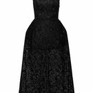 Elegant black lace gown by 21Six, featuring intricate lace details and a flowing silhouette for formal occasions.