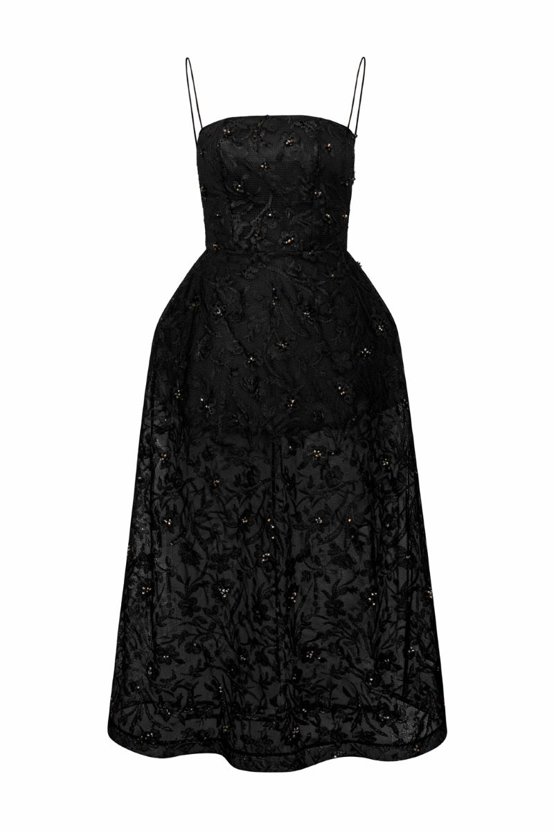 Elegant black lace gown by 21Six, featuring intricate lace details and a flowing silhouette for formal occasions.