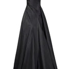 Black Thalassa Taffeta gown by 21Six, featuring a flowing design and elegant silhouette, displayed on a dress form.