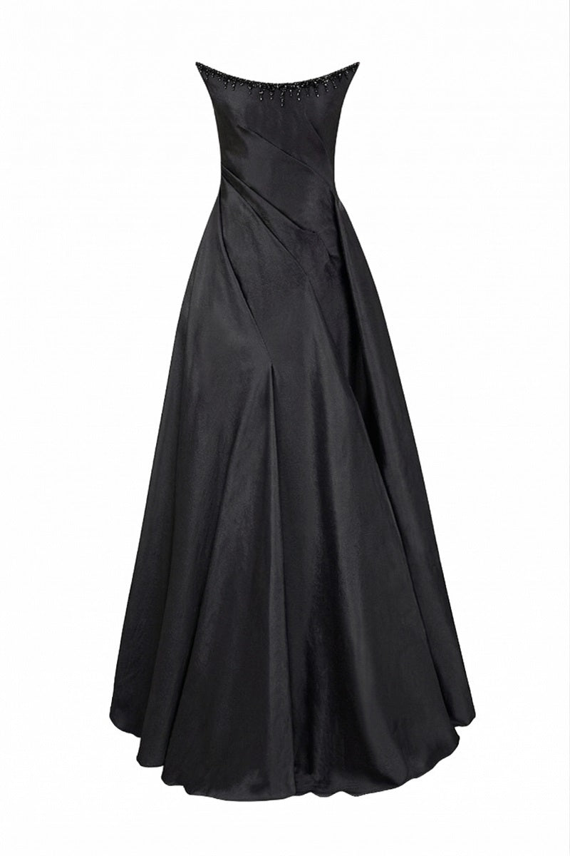 Elegant black Thalassa taffeta gown by 21Six featuring a flowing silhouette and subtle sheen, perfect for formal occasions.