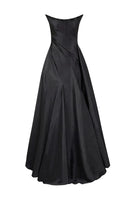Black Thalassa Taffeta gown by 21Six, featuring a flowing design and elegant silhouette, displayed on a dress form.
