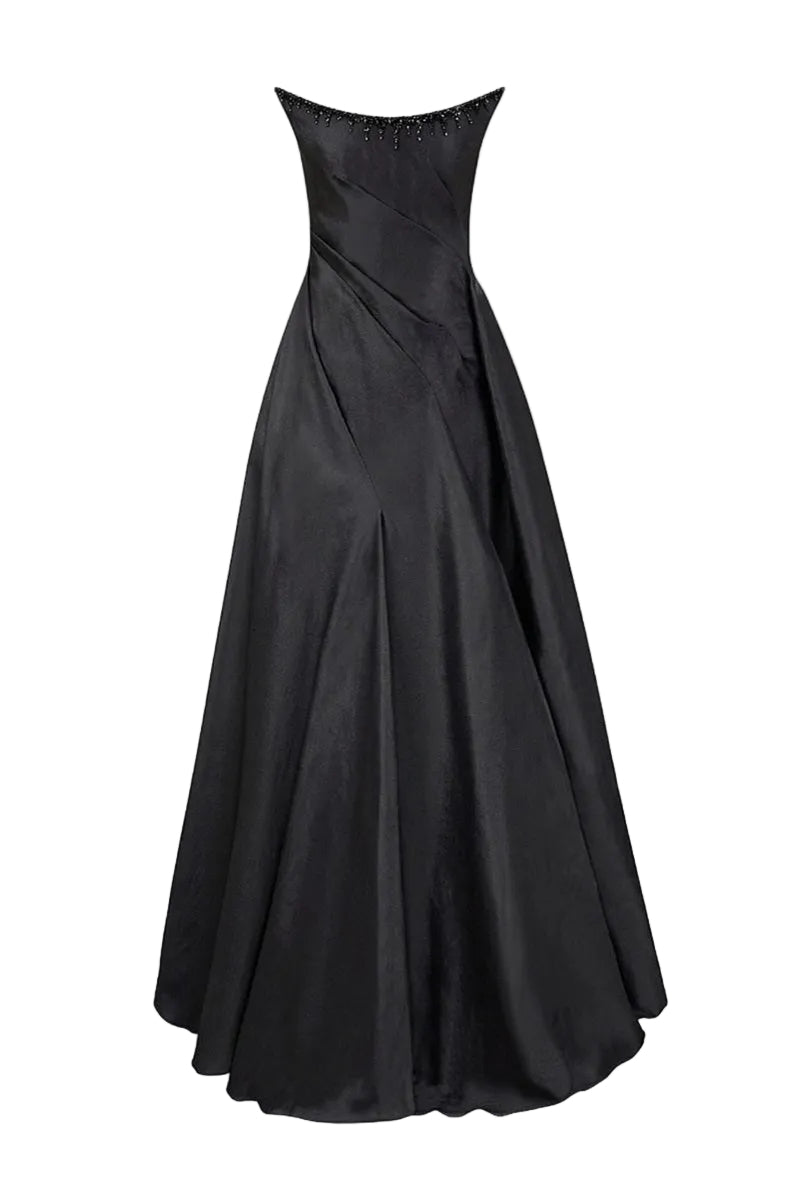 Black Thalassa Taffeta gown by 21Six, featuring a flowing design and elegant silhouette, displayed on a dress form.