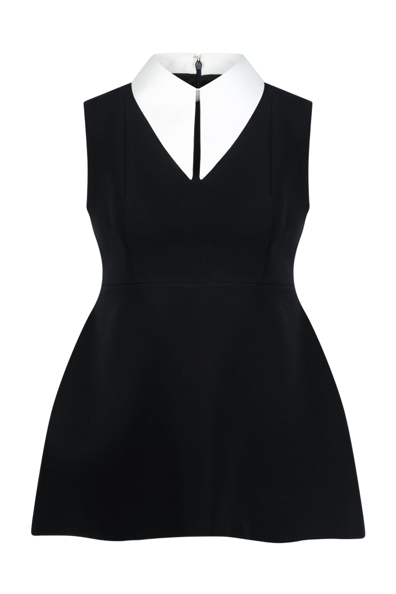 Black Lili Blanc Signature Collared A-line top, stylish women's blouse with a classic collar and flowy silhouette.
