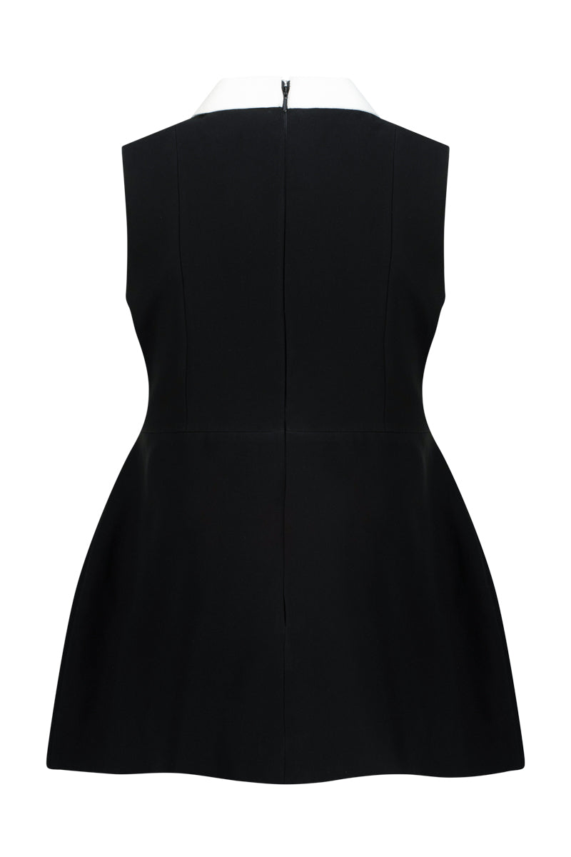 Black Lili Blanc Signature Collared A-Line Top displayed on a hanger, featuring a classic collar and elegant A-line silhouette.
