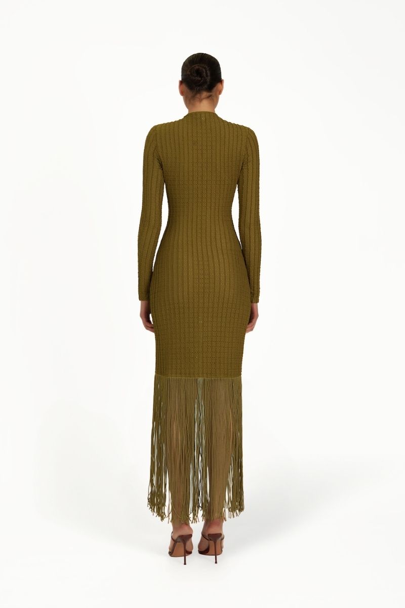 Khanum's Khaki KAHRA Maxi Dress with flowing fabric and elegant design, displayed on a hanger against a neutral background.