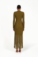 Khanum's khaki maxi dress with flowing fabric and elegant design, perfect for casual or semi-formal wear.
