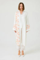 Bocan Couture Sakura long rayon printed robe with floral pattern, flowing design, and soft fabric draped on a hanger.