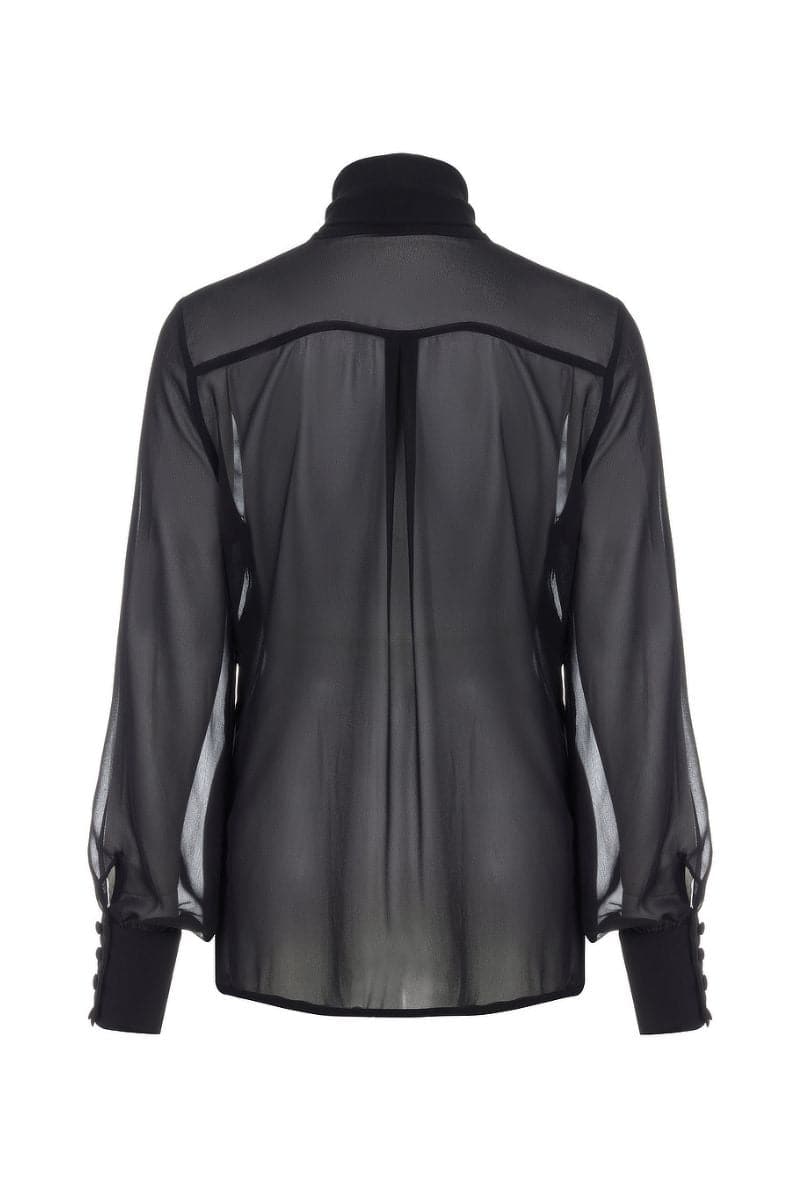 Mirel Prentice tie-neck chiffon shirt with long sleeves and elegant front tie, lightweight and flowy fabric for a sophisticated look.