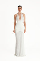 Khanum's Kaylin white gown with elegant flowing fabric and intricate detailing, perfect for formal occasions.
