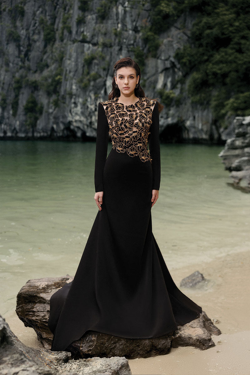 black velvet floral dress VELVET SATIN FLORAL EMBELLISHED DRESS IN BLACK