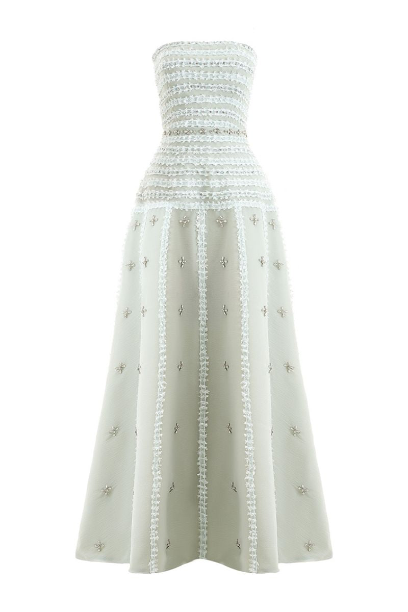 HAPPY CLOTHING CULT MIA X Terry strapless gown in soft mint gray with stone organza fabric, elegant and flowing.