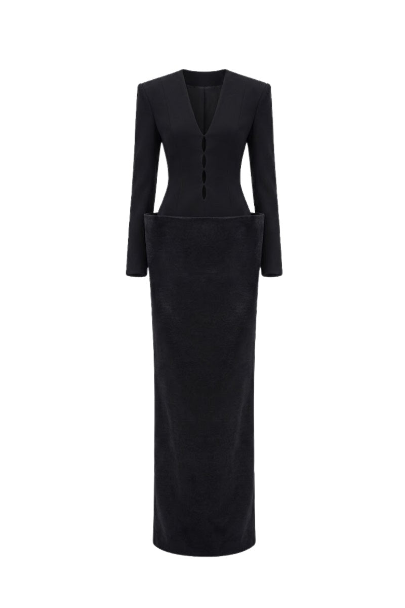 Margée Atelier Heather Maxi Dress displayed on a hanger, featuring a flowing fabric and elegant design perfect for stylish summer wear.