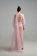 Elegant pearl straight long gown with scarf detail from Happy Clothing, featuring a sleek silhouette and sophisticated design.