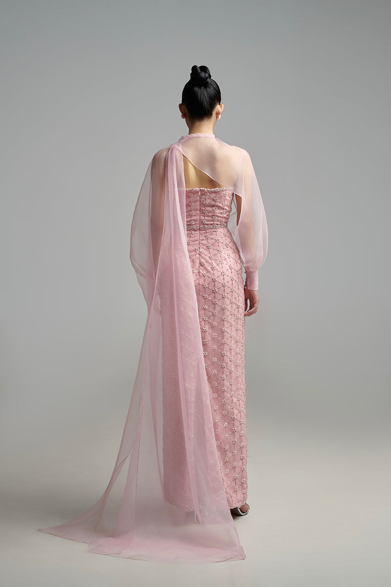 Elegant pearl straight long gown with scarf detail from Happy Clothing, featuring a sleek silhouette and sophisticated design.