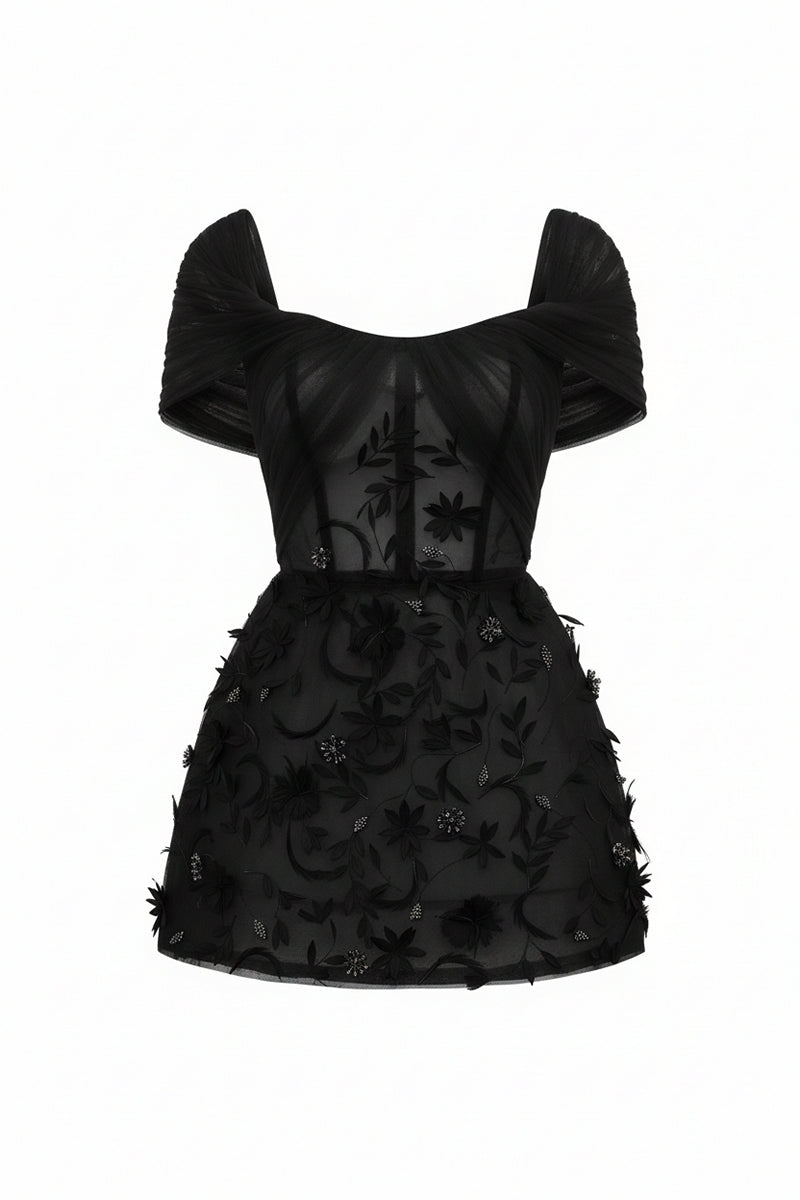 Black Mirabelle tulle dress by 21Six, showcasing a stylish mini dress with delicate tulle fabric and elegant design.