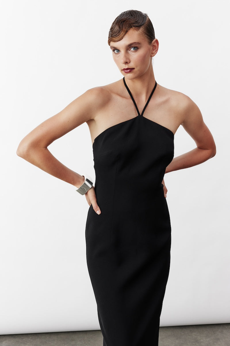 Black Violette long crepe maxi dress by Nazlı Ceren with elegant flowing fabric and a fitted waist.