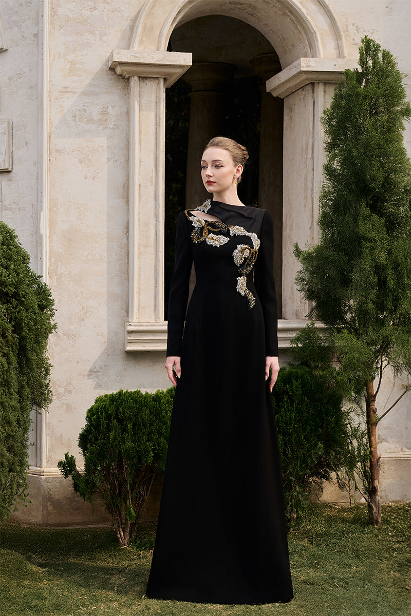 VELVET SATIN HIGH NECK GOWN IN BLACK