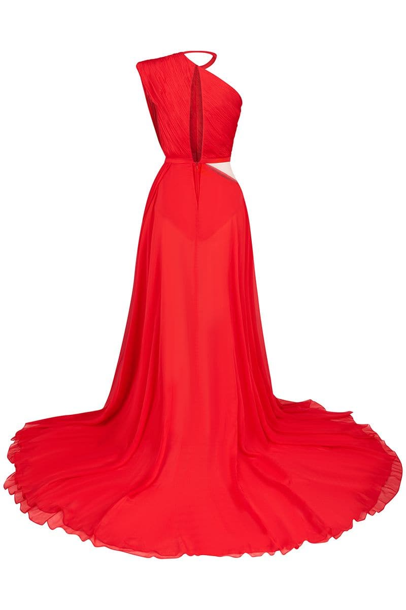 VENUS RED ASYMMETRIC SPLIT GOWN - CULT MIA